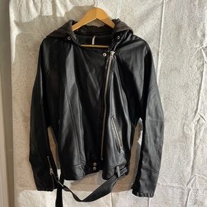 Free people leather moto jacket  with hood,